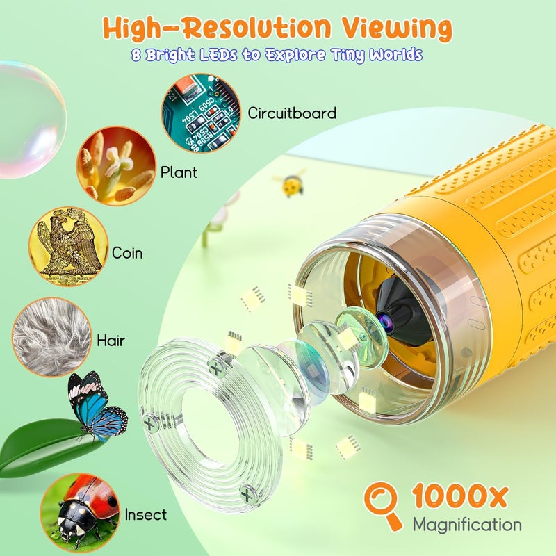 Skybasic Digital Microscope for Kids, 3" Screen 1000X Handheld Microscope HD Pocket Portable Microscopes Camera, Science Edu Fun Birthday Gifts Toys for Ages 4-12 Children Students Boys Girls -Yellow - Image 3
